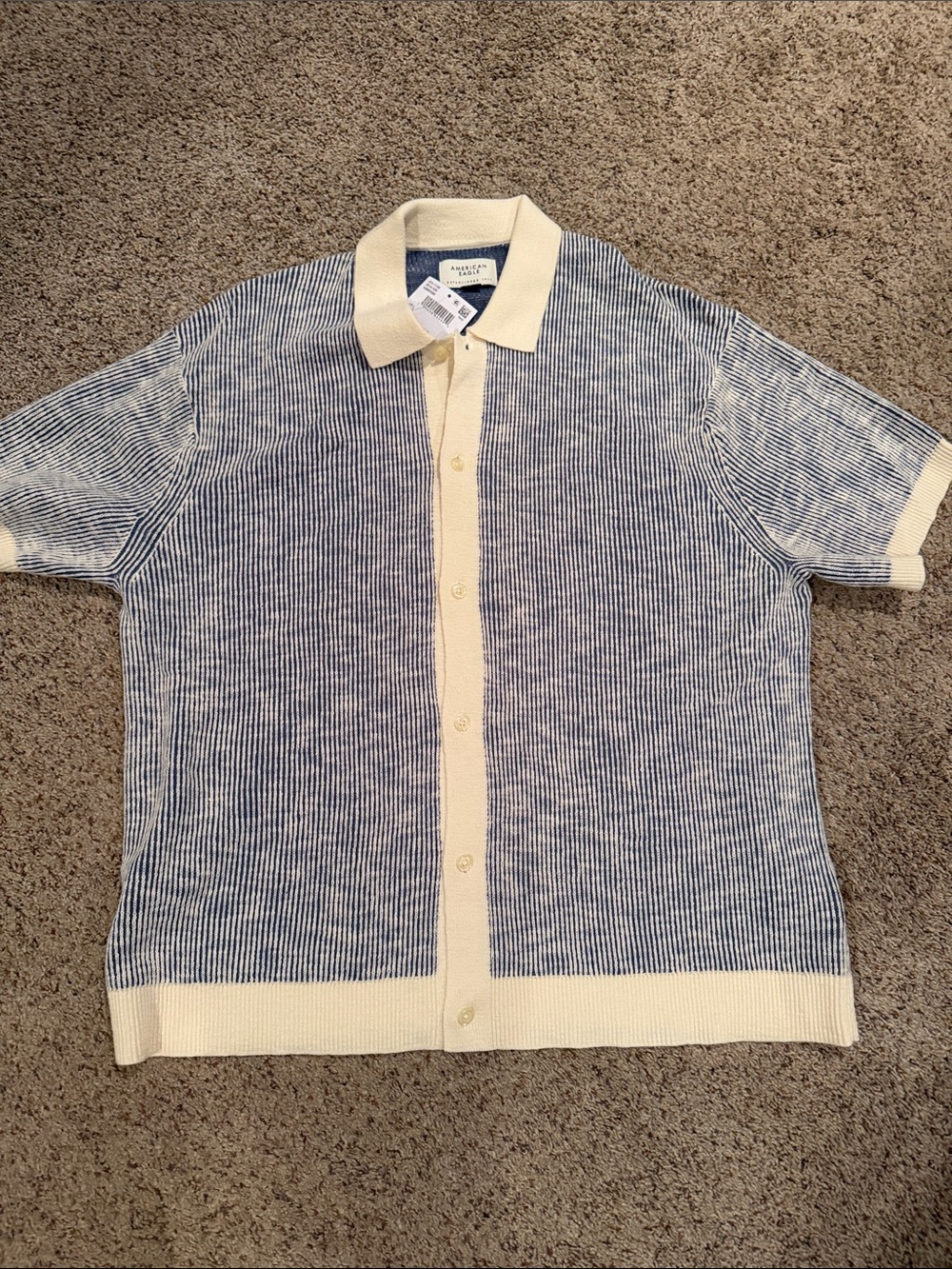 Club Monaco Men's Blue & Cream Short-Sleeve Knit Polo Cardigan